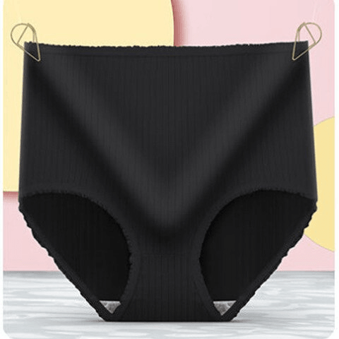 Black ribbed high-waisted brief hung by two gold clips against a pastel pink and yellow backdrop. 7