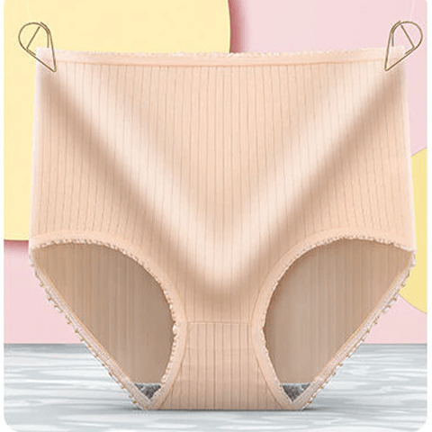 Beige ribbed high-waisted brief hung by two gold clips against a pastel backdrop, with frilled edging at the legs. 9