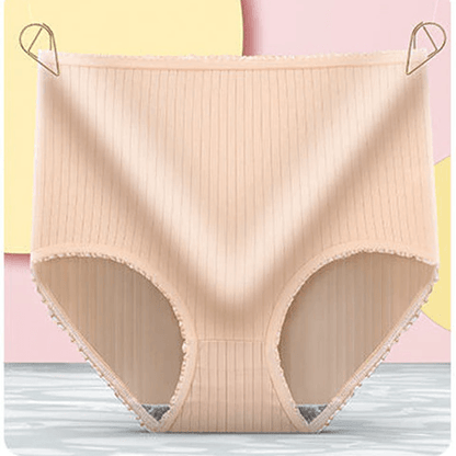 Beige ribbed high-waisted brief hung by two gold clips against a pastel backdrop, with frilled edging at the legs. 9