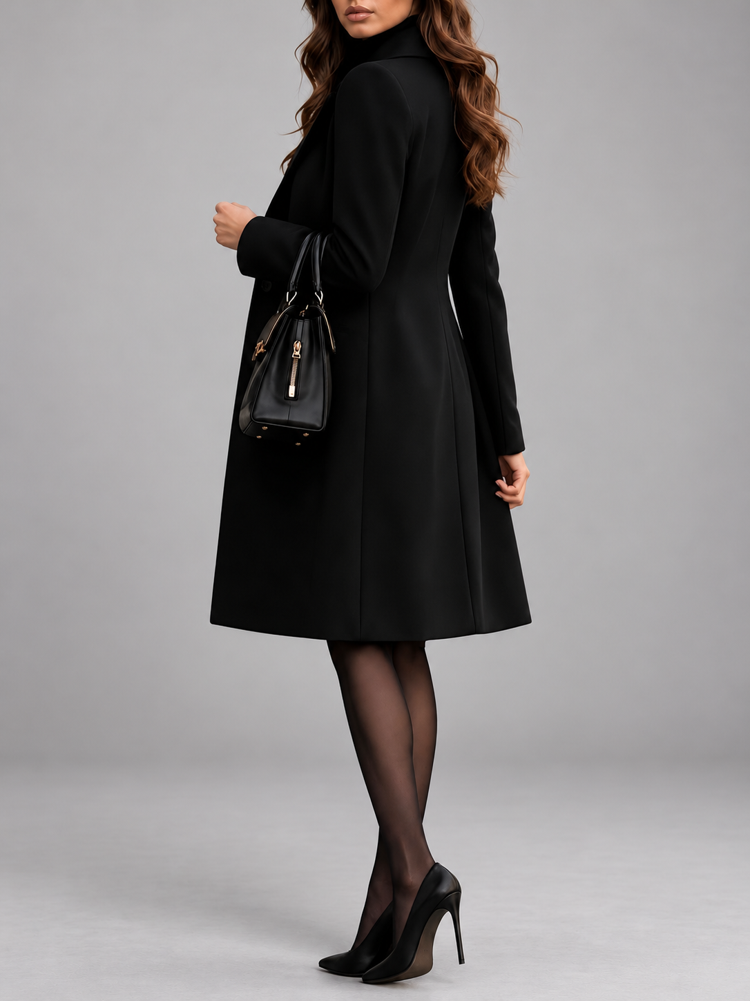 Black coat seen from the side and back, showing the seamed panels and flared hem, with a handbag 2
