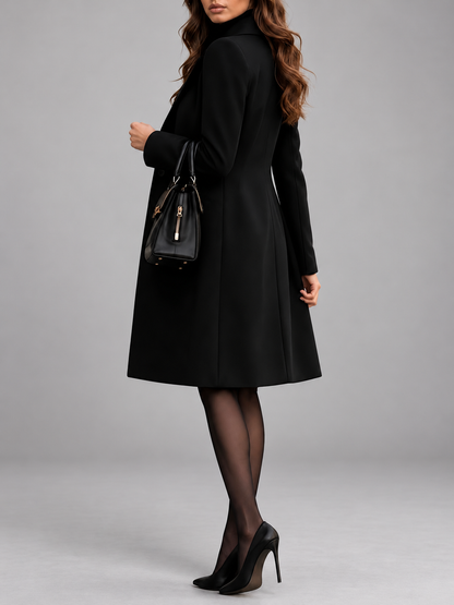 Black coat seen from the side and back, showing the seamed panels and flared hem, with a handbag 2
