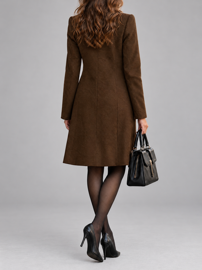 Back view of the brown coat showing vertical seams and a slightly flared hem, with handbag in hand 7