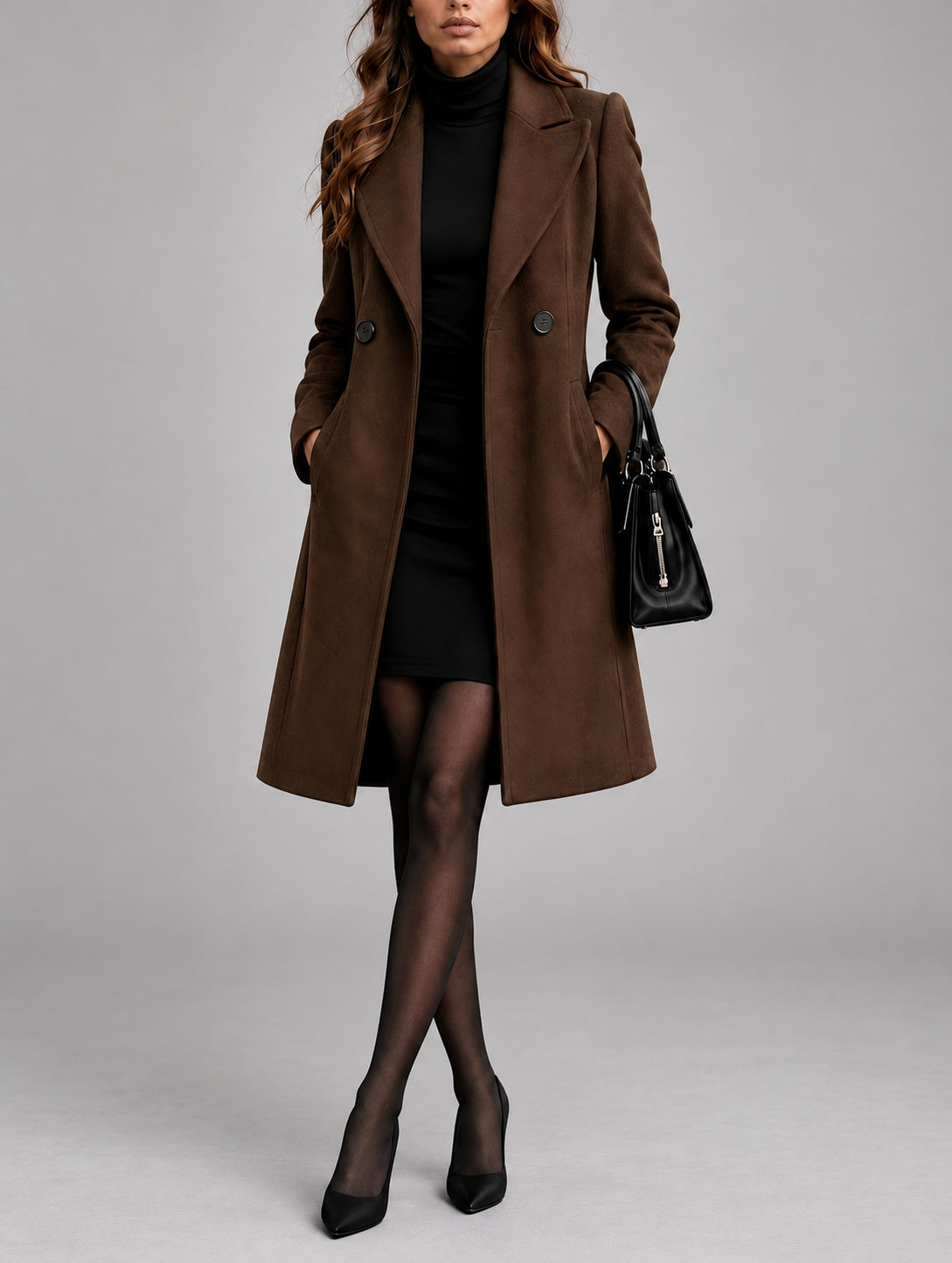 Full-length view of the brown coat worn open, hands in pockets, with black tights, heels and handbag 8