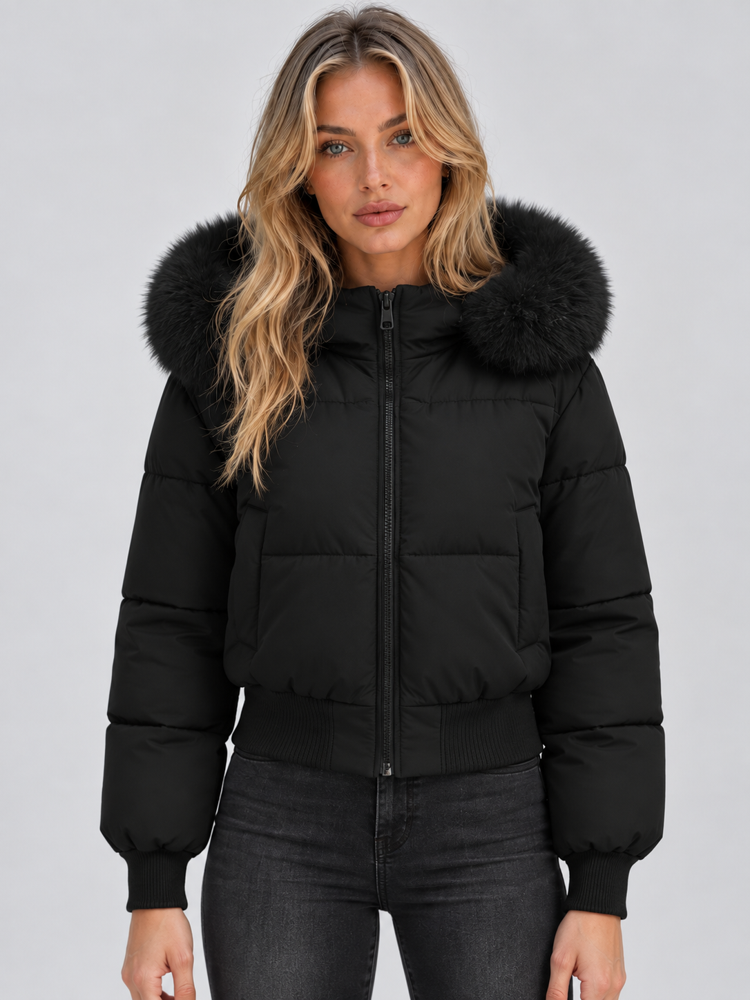 Front view of the black cropped puffer jacket worn zipped up with black jeans 1
