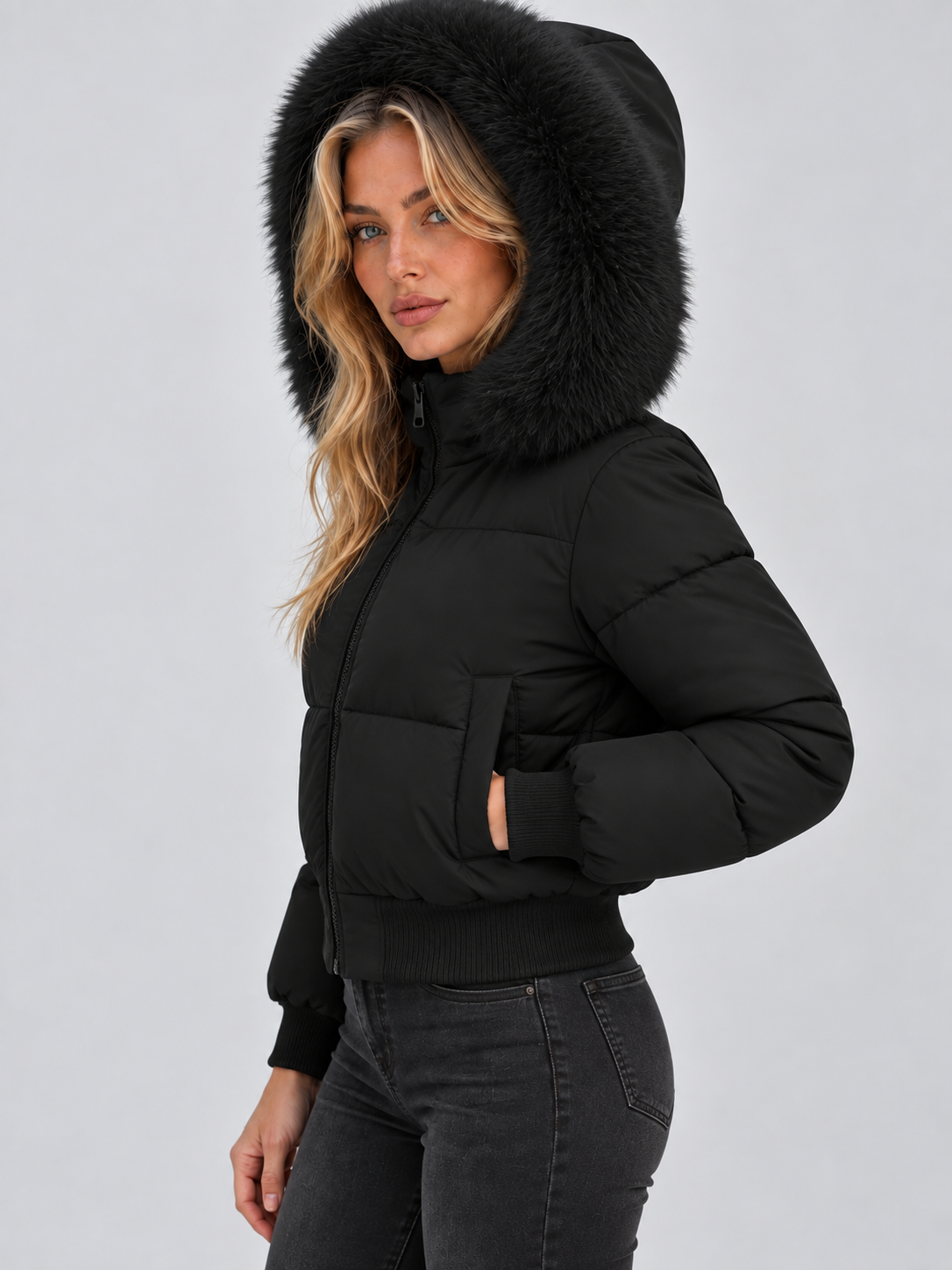 Side view of the black jacket on a model, hand in pocket, hood up 3