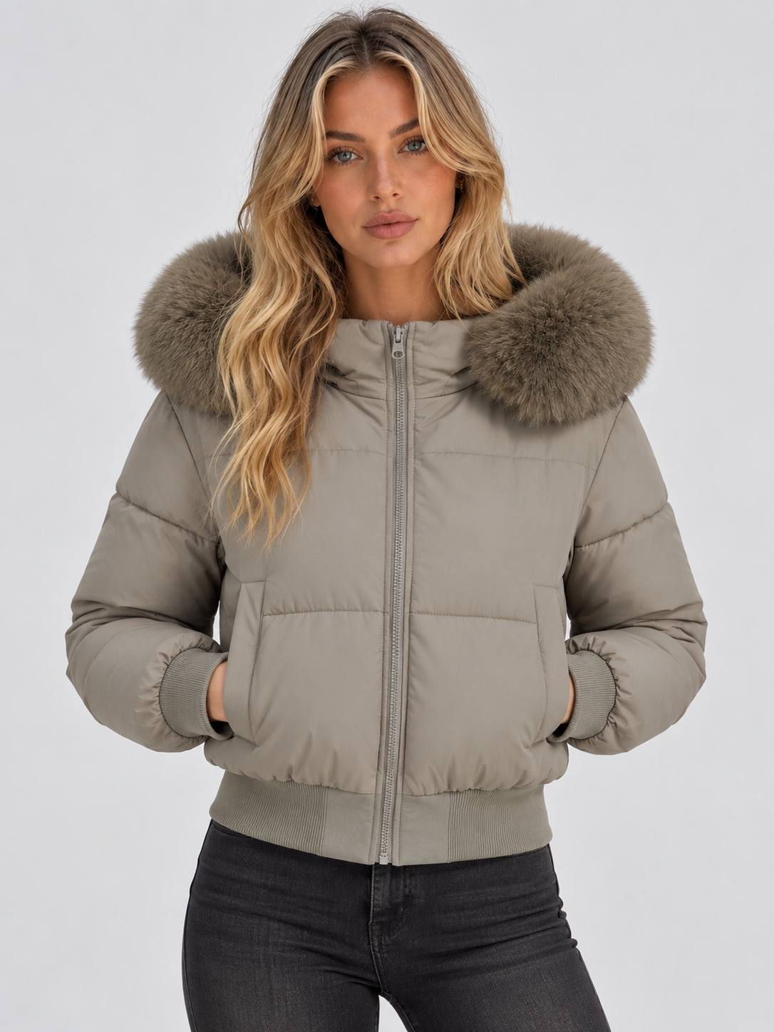 Front view of the taupe version with a matching fluffy collar, both hands in pockets 5