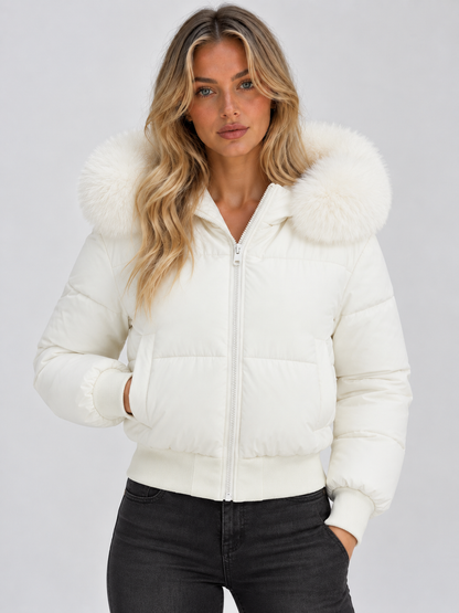 Front view of the cream white version, zipped, with one hand in a pocket 4