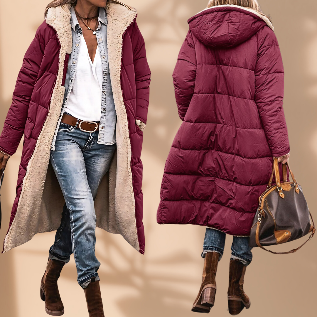 Two views of the long burgundy quilted coat with cream fleece lining, open at the front and from behind with hood. 1