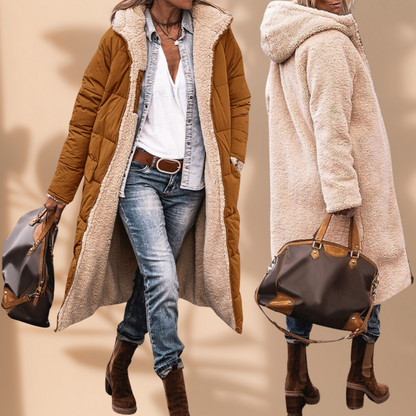 Front view of the long tan quilted coat beside a back view showing its reverse side in cream fleece with hood. 3