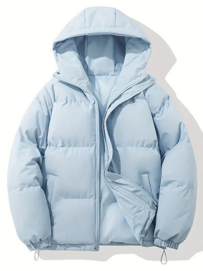 Pale blue hooded puffer jacket, laid flat with the zip partly open and drawcord hem 1