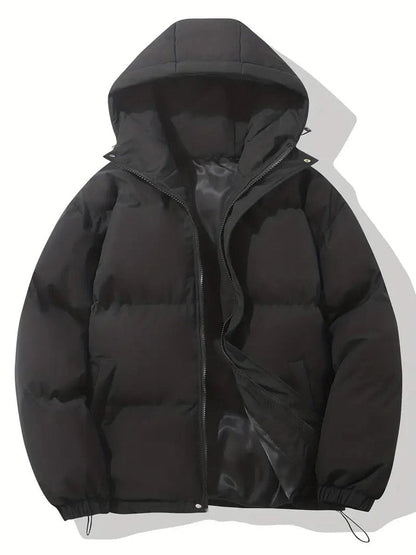 Black hooded puffer jacket laid flat, zip partly open to show the shiny grey lining 2