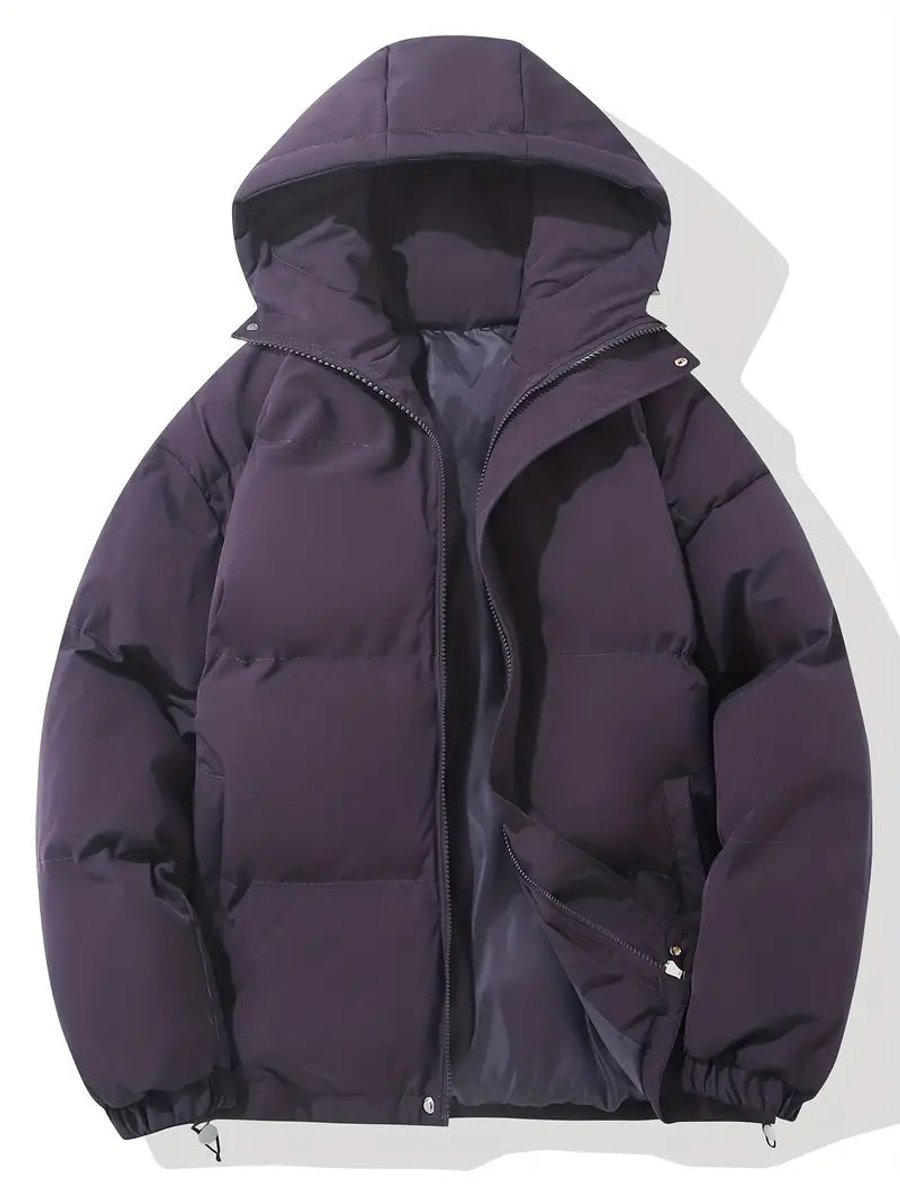 Dark purple hooded puffer jacket laid flat, zip half undone to show the smooth lining 3