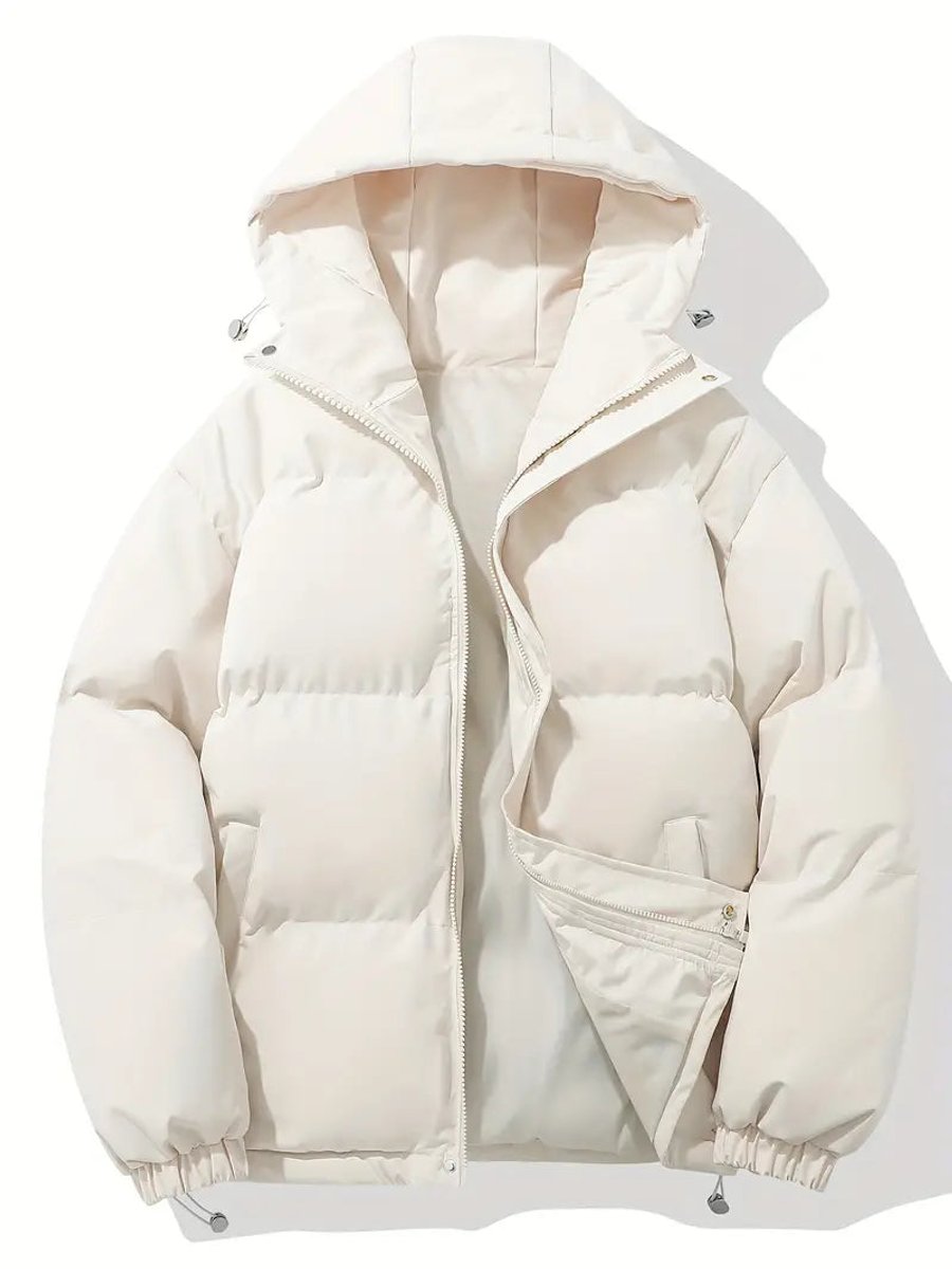 Cream hooded puffer jacket laid flat, zip open at the bottom with drawcord hem toggles 4