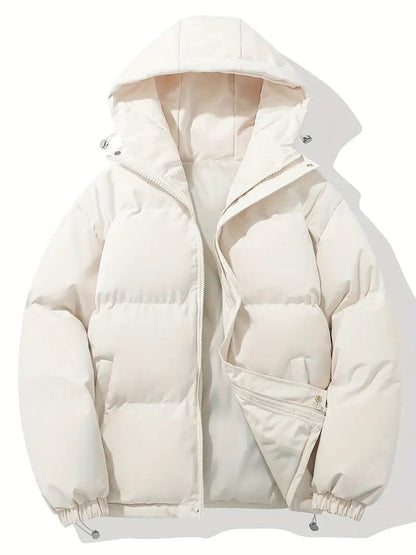Cream hooded puffer jacket laid flat, zip open at the bottom with drawcord hem toggles 4
