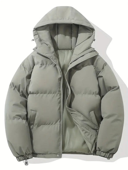 Sage grey-green hooded puffer jacket laid flat, with zip partly open and side pockets 6