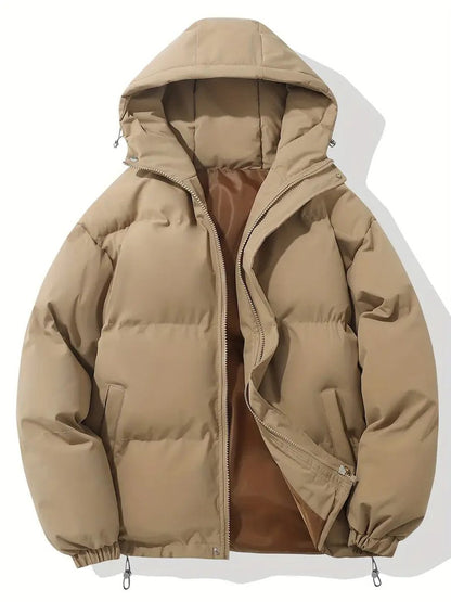 Camel beige hooded puffer jacket laid flat, zip open to show a brown lining 7