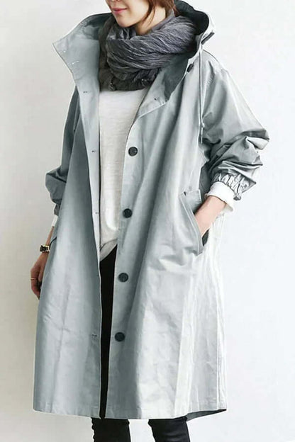 Close front view of the pale grey hooded coat, showing buttons, elasticated cuffs and side pocket 7