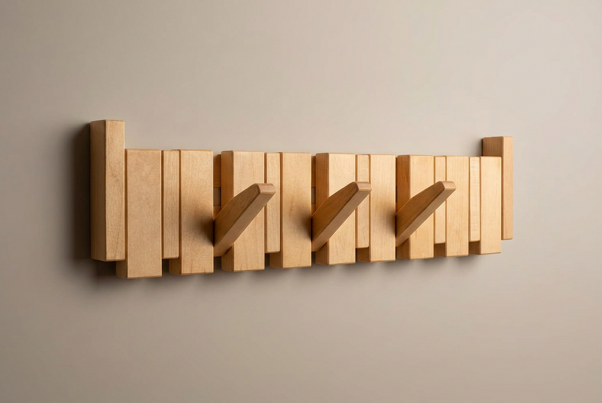 Light wood rack with three hooks folded out, mounted on a greige wall 14