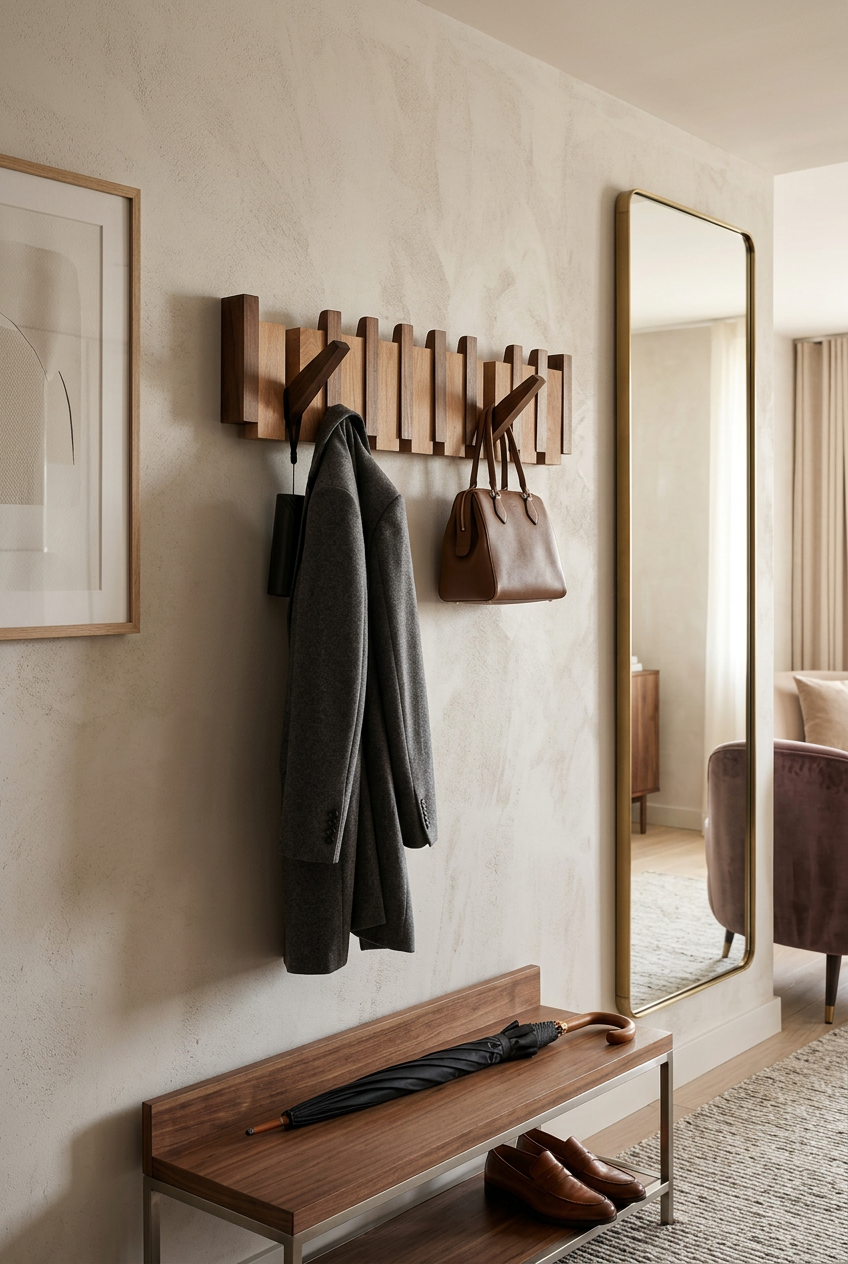 Wall-mounted wooden rack in a hallway holding a grey coat and a tan leather handbag 1