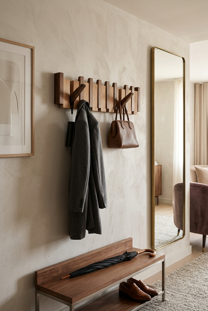 Wall-mounted wooden rack in a hallway holding a grey coat and a tan leather handbag 1