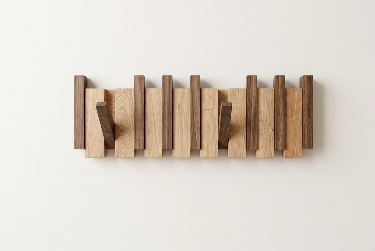 Rack with alternating light oak and dark walnut slats, two dark hooks folded out 11