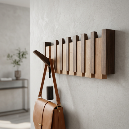 Wall hanger in two-tone wood on a grey wall with a tan leather shoulder bag hanging from a hook 11