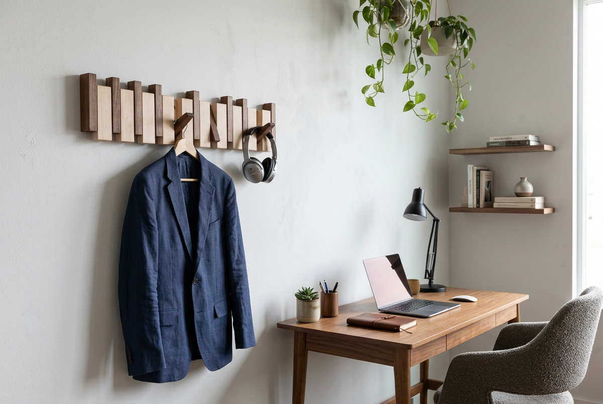 Two-tone wooden rack on a grey wall holding a navy blazer and headphones above a desk 1