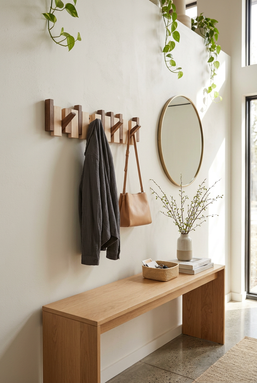 Rack in a bright hallway holding a grey jacket and tan shoulder bag above a bench 1