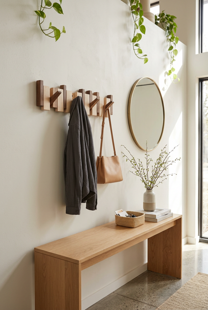 Rack in a bright hallway holding a grey jacket and tan shoulder bag above a bench 1