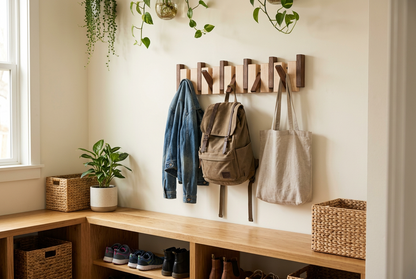 Wall hanger above a hallway bench holding a denim jacket, canvas backpack and linen tote bag 1