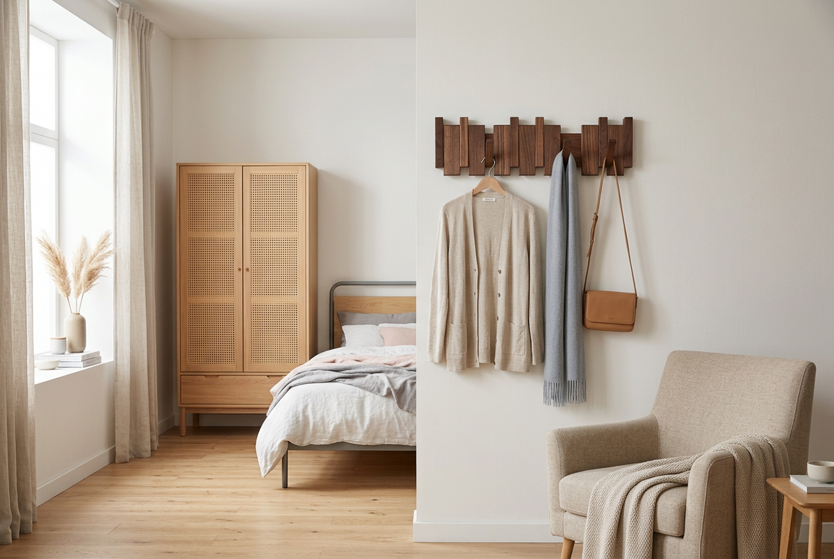 Dark wood rack on a bedroom wall holding a cardigan, grey scarf and tan shoulder bag 1