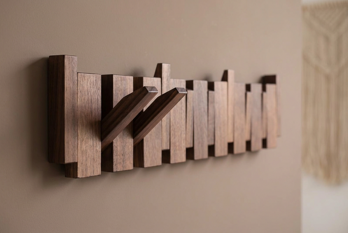 Dark walnut rack with two folded-out hooks, a blurred woven wall hanging softly visible beside it 13