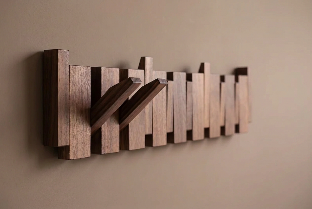 Angled view of a dark walnut rack with two hooks folded out against a taupe wall 12