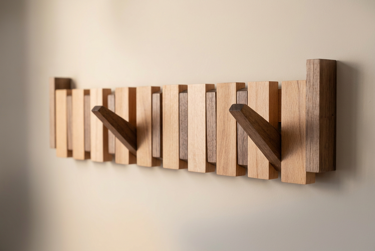 Angled close-up of a two-tone rack with two dark hooks folded out against a cream wall 11