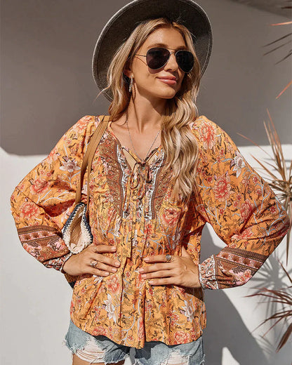 Vintage boho autumn blouse with floral print and long sleeves – Sana