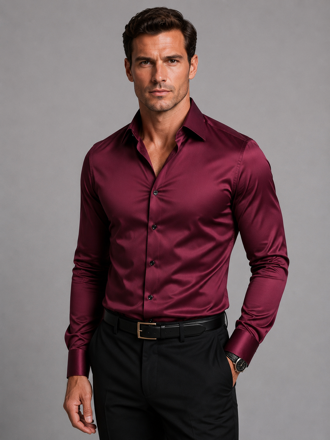 Model wearing the shirt in a glossy burgundy shade with black trousers, a black belt and a wristwatch. 4