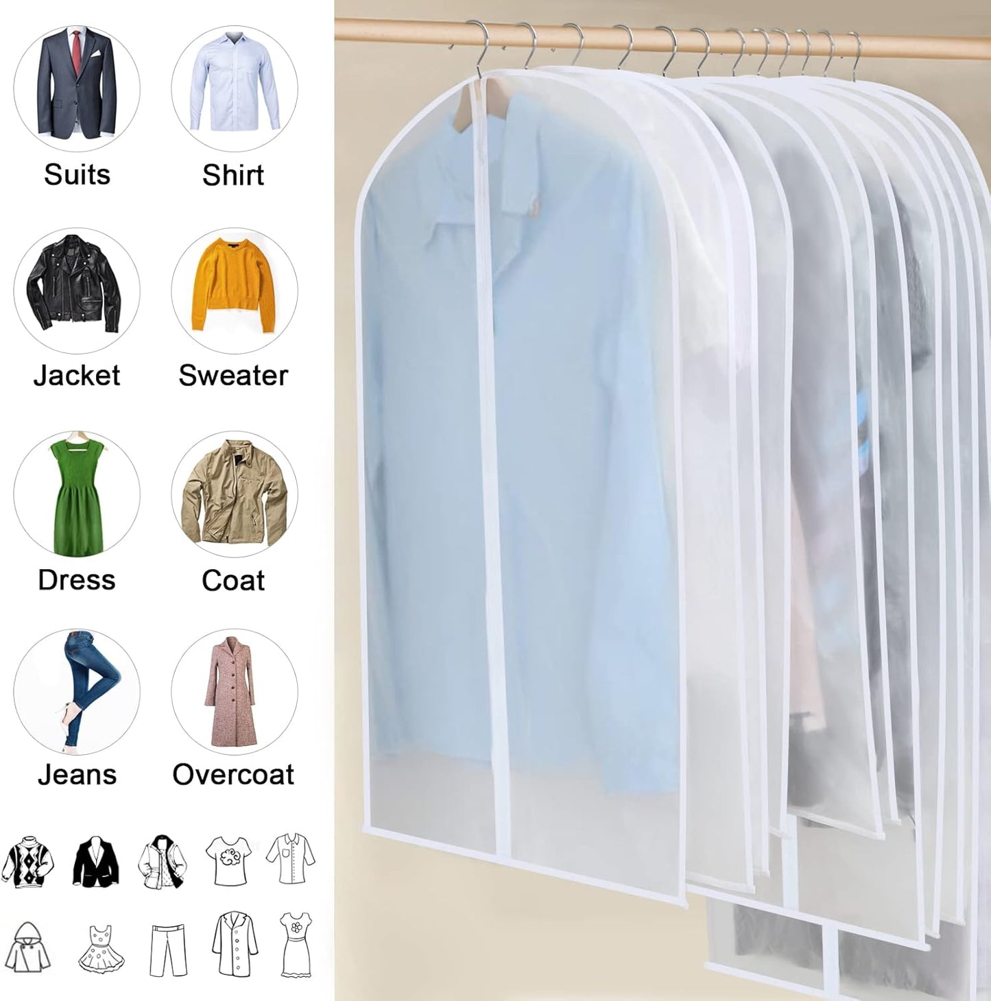 PEVA garment bag set – pack of 12 hanging garment covers in 3 sizes (Buy 1, get 1 FREE)