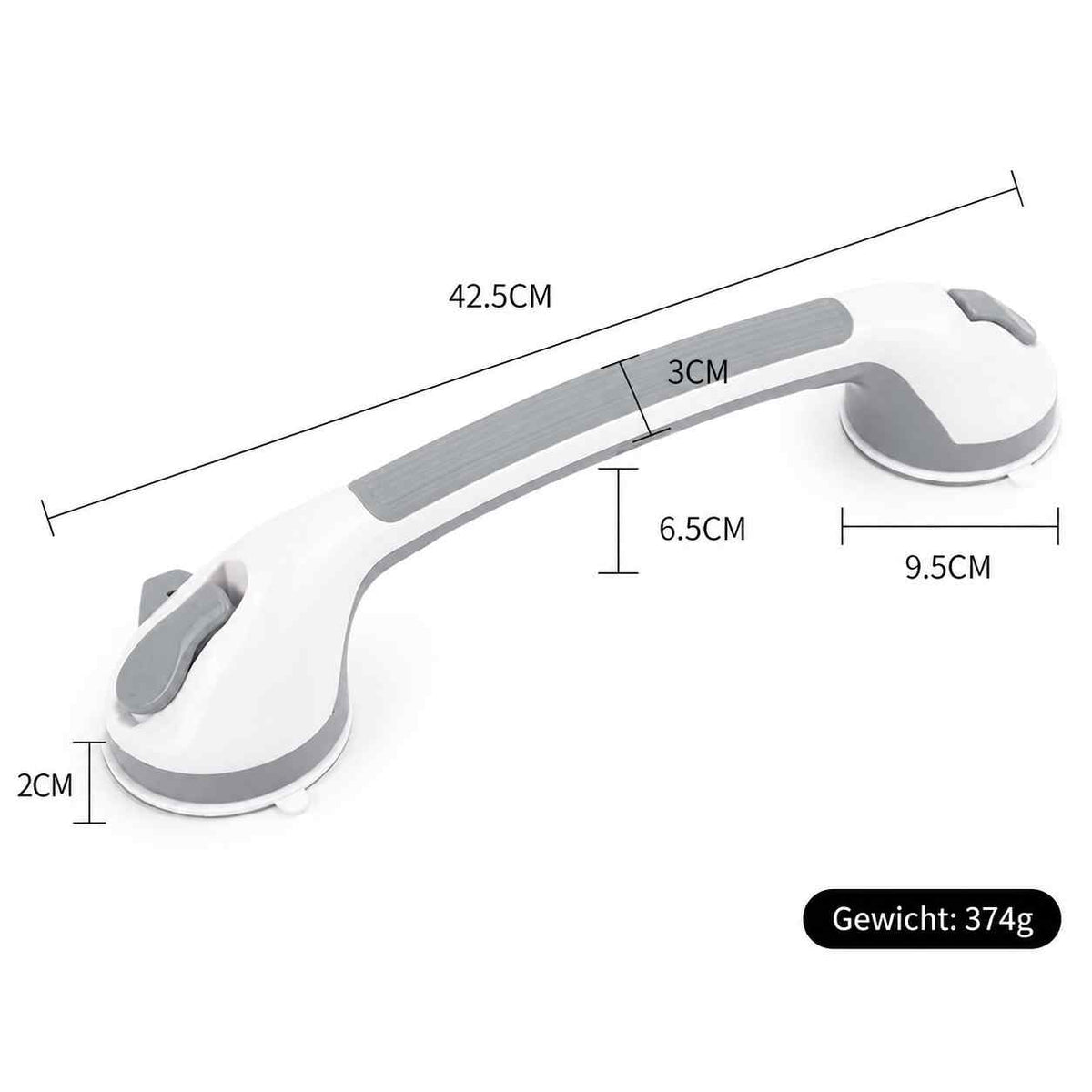 Grab bar on a plain background with its length, handle width, suction base size and weight labelled. 13