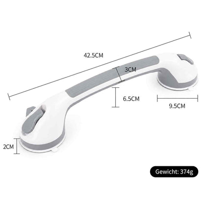 Grab bar on a plain background with its length, handle width, suction base size and weight labelled. 13