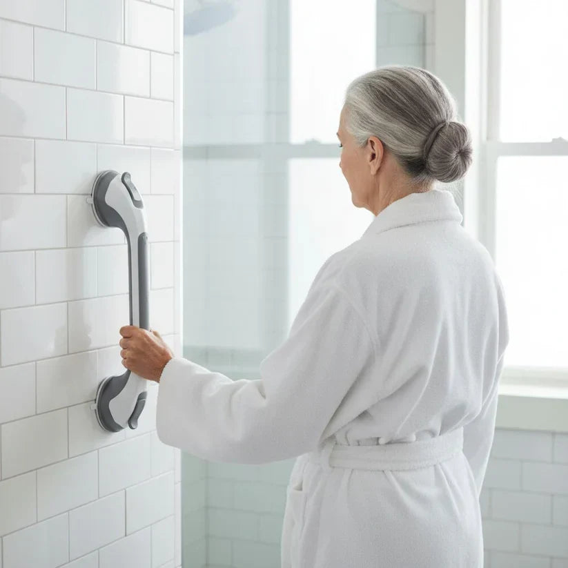 Woman in a white bathrobe holds the grab bar fitted vertically on a white tiled shower wall. 3