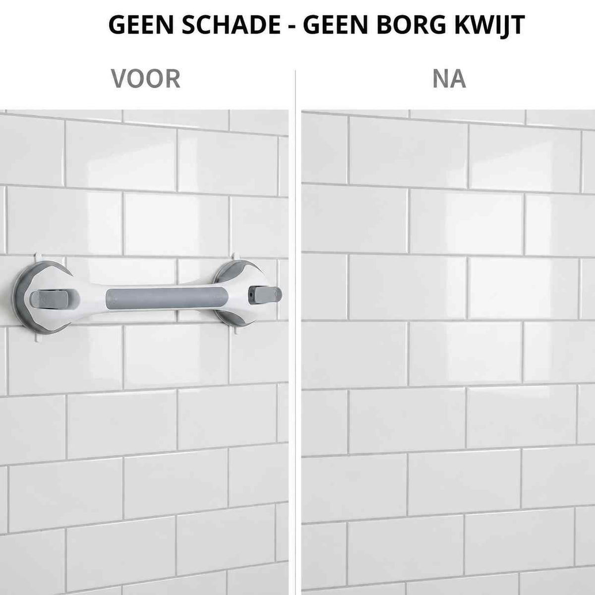Before and after comparison of a white tiled wall: the grab bar fitted on the left, and the clean wall without damage on the right. 9