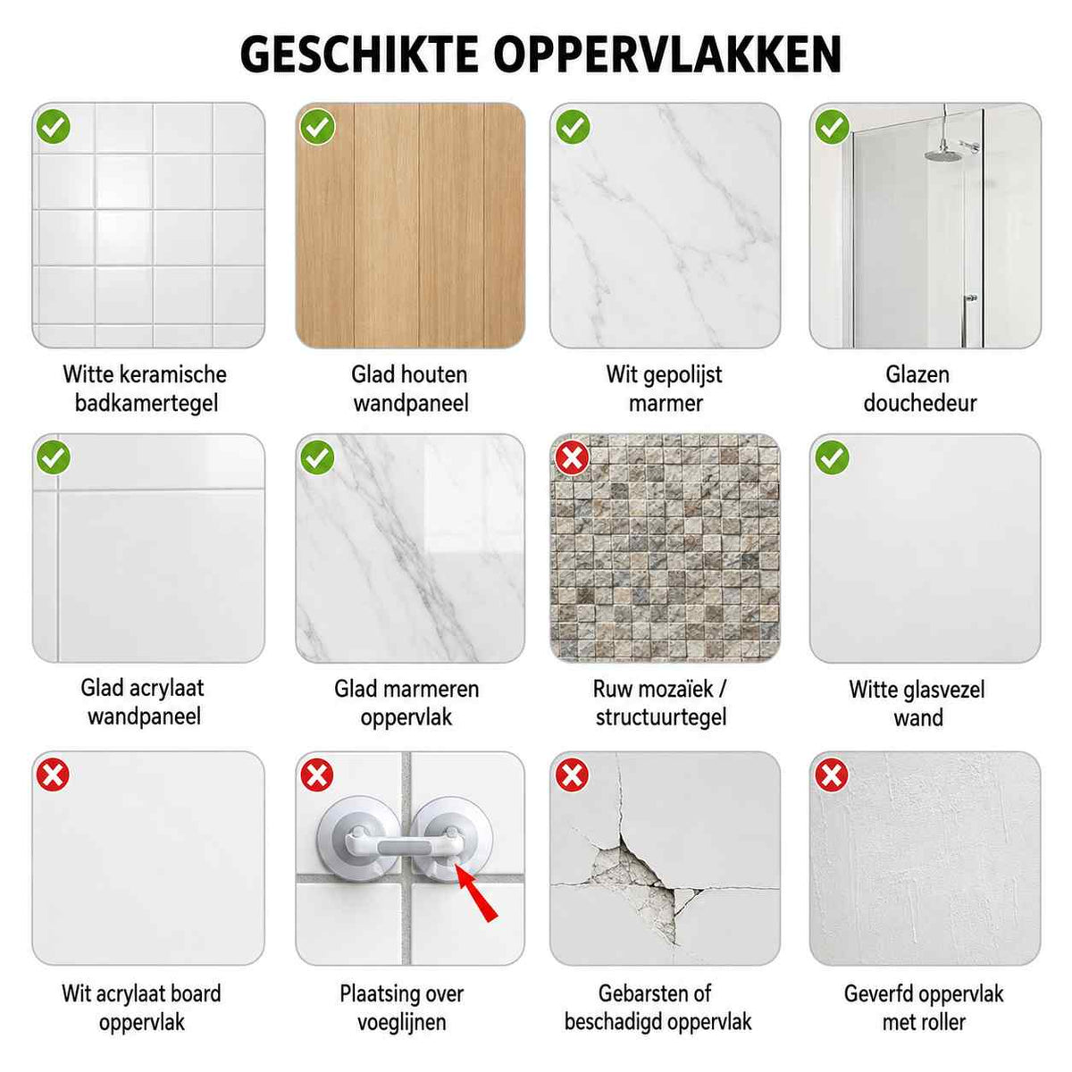 Grid of surfaces marking which suit the grab bar, such as smooth tiles and glass, and which do not, such as rough mosaic or cracked walls. 12
