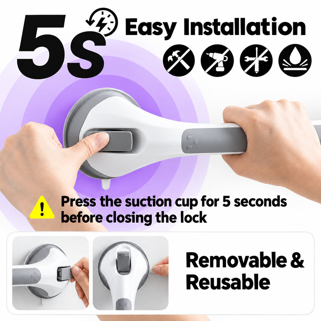 Hands pressing a suction base and closing its lock, with icons showing no tools needed and a removable, reusable fitting. 4