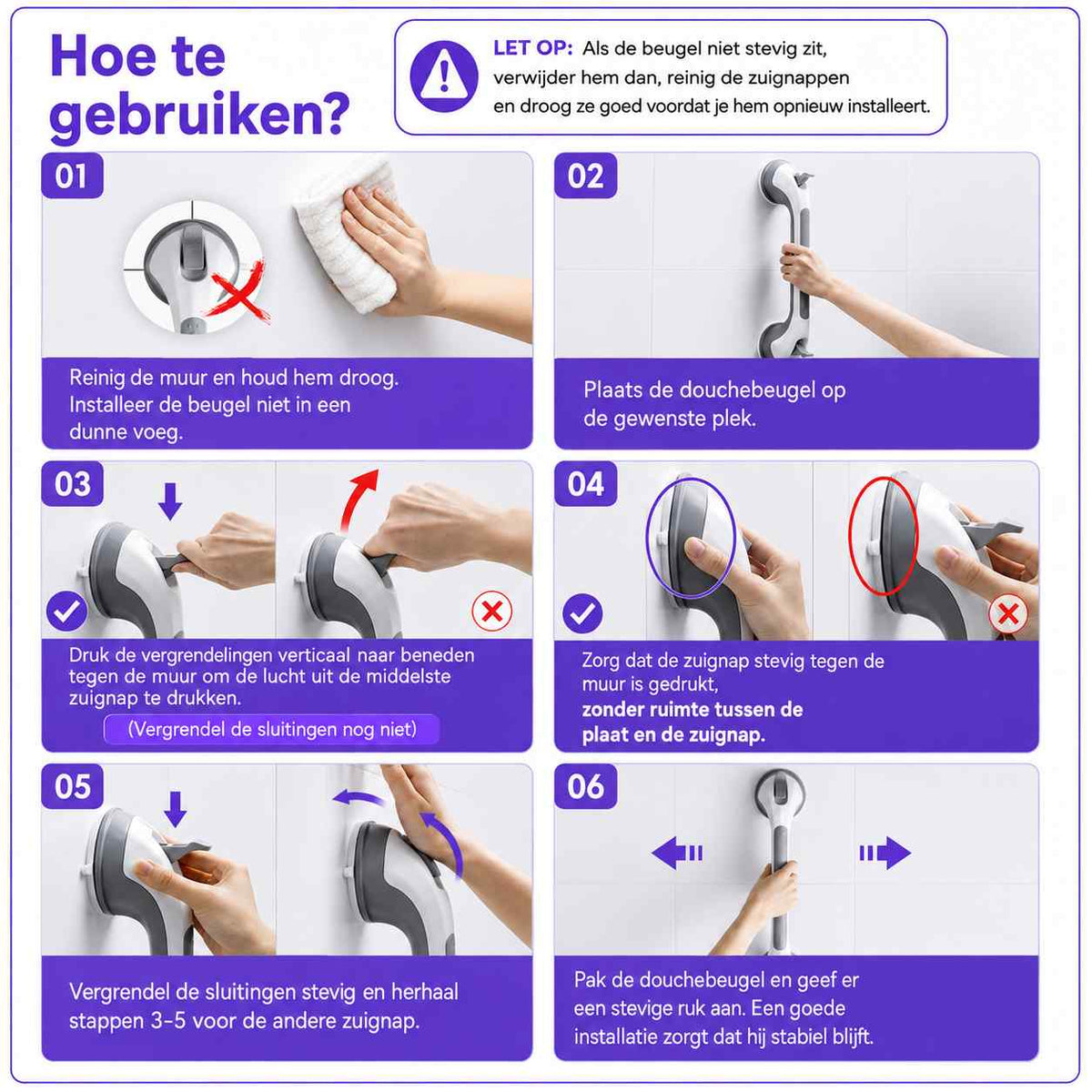 Six-step usage guide showing how to clean the wall, place the bar, press down each lock and test it with a firm tug. 17