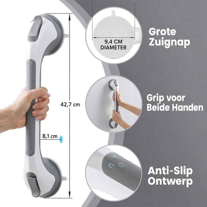 Grab bar held in one hand with its length marked, plus close-ups of the large suction cup, two-handed grip and anti-slip handle. 10