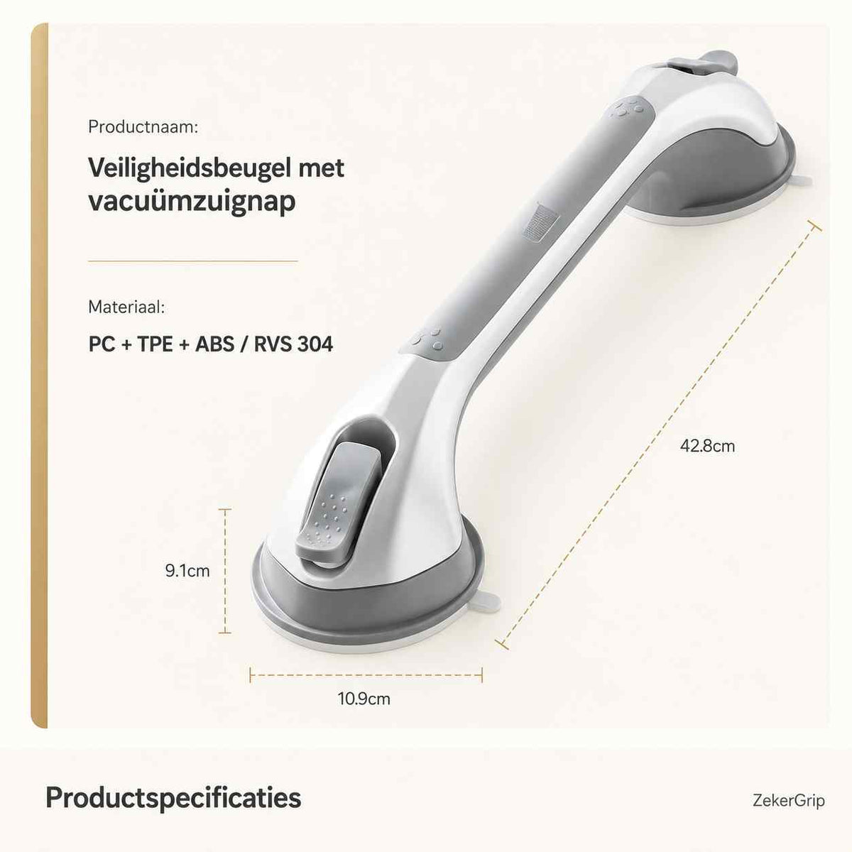 Angled view of the grab bar with its dimensions, material specification and a suction base with locking lever. 11