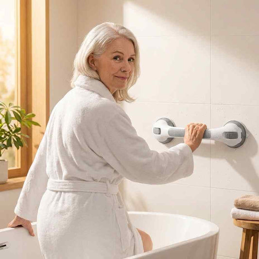 Older woman in a white bathrobe steadies herself on the white and grey grab bar fixed to a tiled wall beside a bathtub. 1