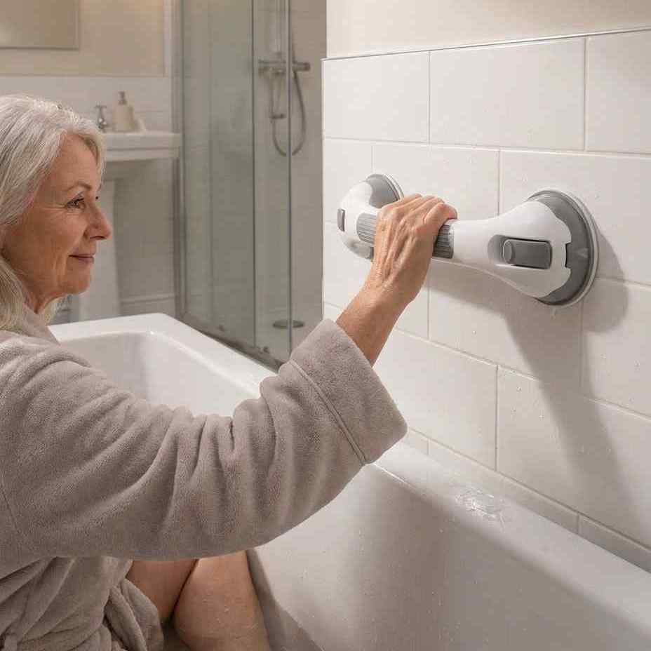 Smiling older woman in a grey robe sits in a bathtub and holds the grab bar mounted on white tiles. 8