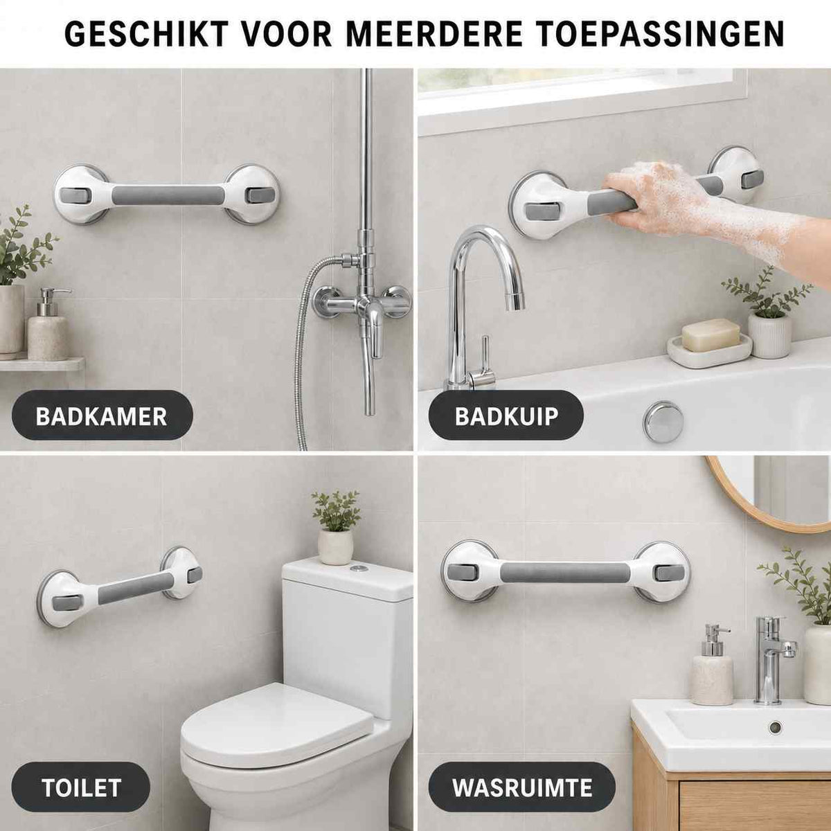 Four bathroom settings showing the grab bar by a shower, beside a bathtub, next to a toilet and above a washbasin. 7