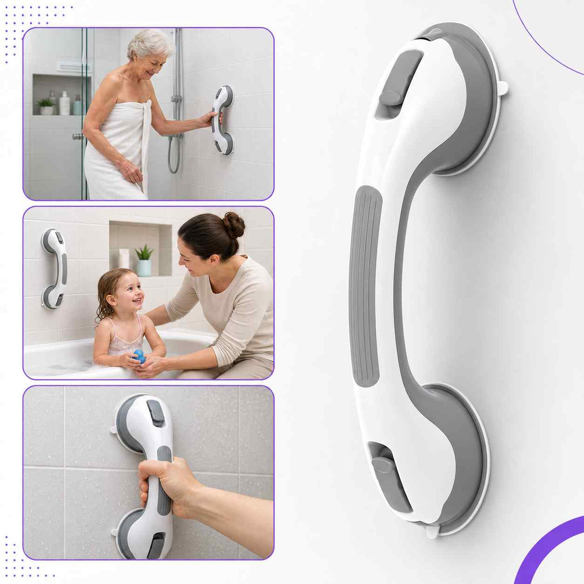 Collage of the grab bar on its own, an older woman in a shower, a mother bathing a child, and a hand gripping it. 5